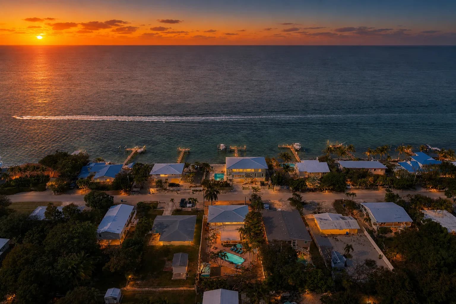 Aerial view of The Salty Bitch on the Gulf in Marathon at sunset, with a boat wake crossing the water